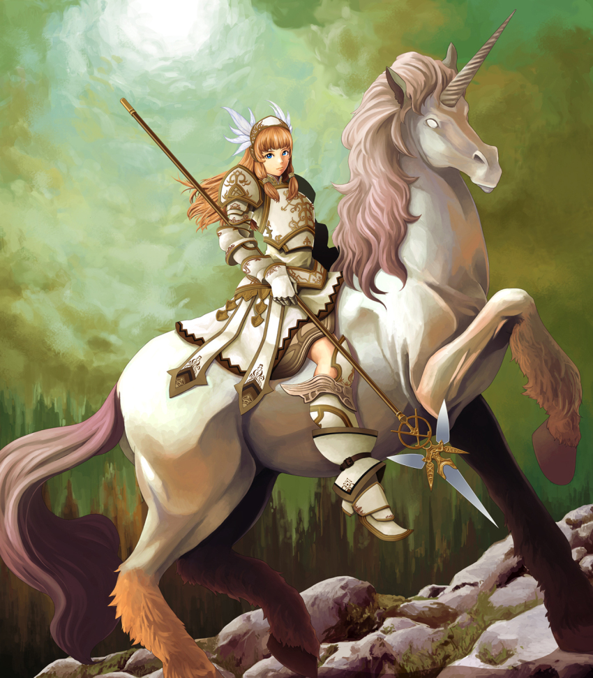 1girl armor boots brown_hair commentary_request feather_hair_ornament feathers gauntlets green_sky hair_ornament highres holding holding_polearm holding_weapon horseback_riding knight long_hair looking_at_viewer original outdoors polearm riding sakanobekurobee sky solo spear unicorn weapon