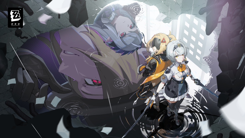 1boy 3girls absurdres anby_demara anby_demara_(silver_soldier) back-to-back black_gloves black_hairband black_hat black_thighhighs blindfold_mask blonde_hair boots breasts dual_wielding fingerless_gloves frown gloves grey_hair hair_ornament hairband hat highres holding holding_sword holding_weapon hugo_vlad key_visual long_hair looking_at_viewer looking_up mask medium_breasts miniskirt multiple_girls official_alternate_costume official_art pleated_skirt pointy_ears ponytail promotional_art puddle rain red_eyes reflection reflective_liquid short_hair short_sleeves skirt smile sword thighhighs third-party_source tiara trigger_(zenless_zone_zero) upside-down vivian_banshee water_drop weapon white_gloves yellow_eyes zenless_zone_zero