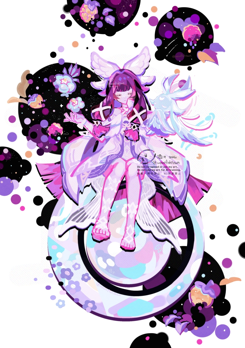 1girl absurdres acorn animal_ears arm_ribbon artist_logo artist_name bare_shoulders barefoot blue_flower blunt_bangs bow bowtie choker closed_eyes closed_mouth colored_skin columbina_(genshin_impact) commentary_request creature crescent crescent_moon dress eye_mask facial_mark feathered_wings flower food forehead_mark fruit full_body full_moon genshin_impact gradient_hair hair_ornament hair_tubes hand_up head_wings highres leg_warmers logo long_hair luonnotar_(genshin_impact) mask moon multicolored_hair multiple_wings off-shoulder_dress off_shoulder pink_hair pink_skin purple_dress purple_hair ribbon sakeo_(uouofishtown) sidelocks sitting smile solo strawberry two-tone_hair very_long_hair white_bow white_bowtie white_choker white_dress white_mask wide_sleeves wings x_hair_ornament