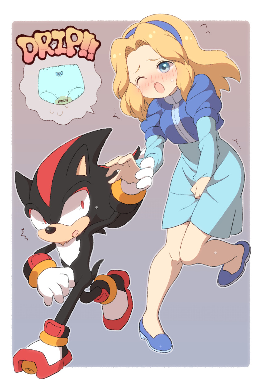 1boy 1girl animal_nose between_legs black_fur blonde_hair blue_eyes blue_hairband blue_panties blue_shirt blue_shoes blue_skirt blush body_fur border bow bow_panties commentary commission constricted_pupils ecstasy_mamo embarrassed english_commentary full_body furry furry_male gloves grey_background hairband hand_between_legs have_to_pee highres knees_together_feet_apart layered_sleeves long_hair long_sleeves maria_robotnik nose_blush one_eye_closed open_mouth outline outside_border panties pee pee_stain peeing peeing_self pixiv_commission puffy_short_sleeves puffy_sleeves red_eyes shadow_the_hedgehog shirt shoes short_sleeves simple_background skirt sonic_(series) speech_bubble spoken_object stained_panties standing underwear wet wet_clothes wet_panties white_border white_gloves white_outline