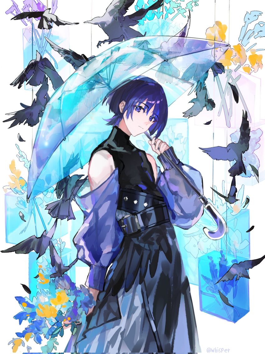 1boy alternate_costume arm_at_side belt belt_buckle bird black_belt black_pants black_shirt blue_umbrella buckle casual closed_mouth commentary_request contemporary cowboy_shot crow cube detached_sleeves expressionless eyelashes flower genshin_impact hand_up head_down highres holding holding_umbrella looking_at_viewer male_focus outdoors pants plant purple_eyes purple_hair purple_pupils purple_sleeves scaramouche_(genshin_impact) see-through_clothes see-through_sleeves shirt solo transparent transparent_umbrella turtleneck turtleneck_shirt twitter_username umbrella whisper_(suisuibingtang) wisteria