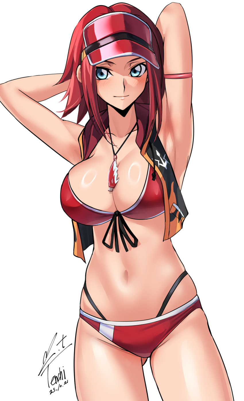 1girl arm_behind_head armpits artist_name bikini blue_eyes breasts cleavage code_geass code_geass:_genesic_re;code commentary_request dated highres jacket jewelry kouzuki_kallen large_breasts looking_at_viewer multicolored_jacket navel necklace official_alternate_costume red_bikini red_hair revision short_hair simple_background solo stomach swimsuit two-tone_jacket visor_cap white_background yoo_tenchi