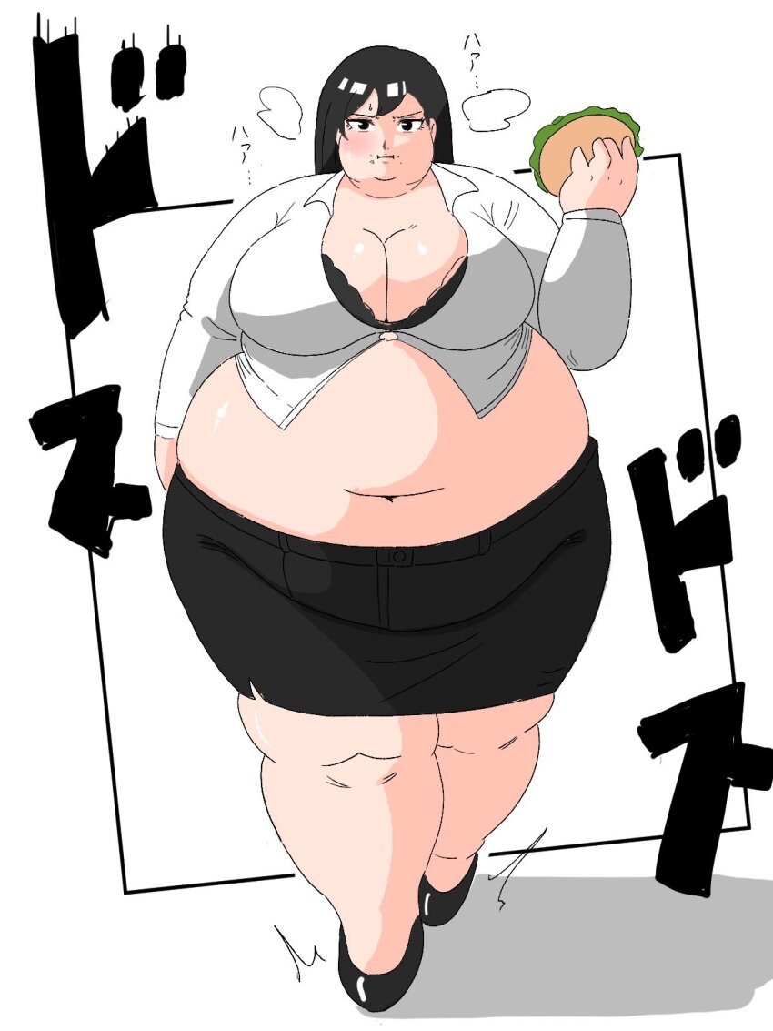 1girl belly big_belly black_bra black_eyes black_hair black_shoes black_skirt blush bra breasts breath burger cleavage closed_mouth collared_shirt double_chin fat fat_woman food food_on_face frilled_bra frills full_body heavy_breathing high_heels highres holding holding_burger holding_food huge_breasts large_breasts lettuce long_hair long_sleeves looking_at_viewer muffin_top navel obese office_lady original pencil_skirt shadow shirt shoes simple_background skaiipb1jwoy5qa skirt solo straight-on sweatdrop thick_arms thick_neck thick_thighs thighs undersized_clothes underwear v-shaped_eyebrows walking white_background white_shirt