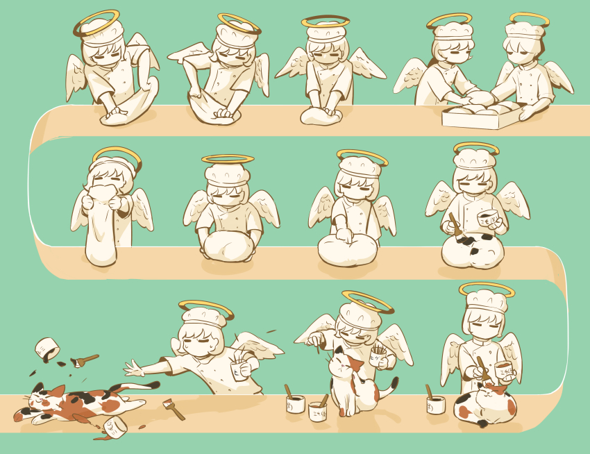 2others absurdres angel angel_wings animal avogado6 calico_(pattern) calico_cat cat chef chef_hat commentary_request dough green_background halo hat highres kneading_dough multiple_others no_mouth original paint paintbrush painting_(action) partially_colored sequential traditional_halo wings