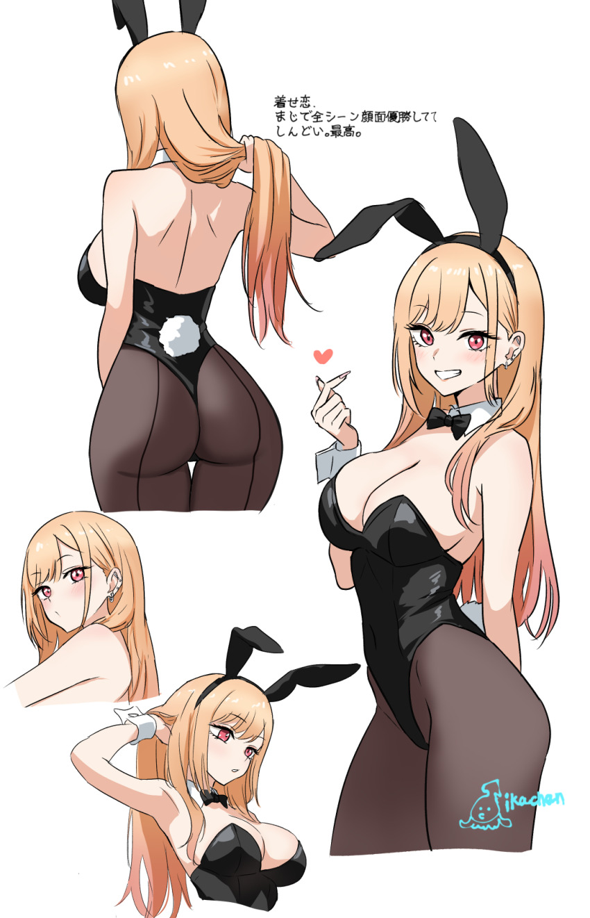 1girl animal_ear_hairband animal_ears artist_name ass back black_bow black_bowtie black_leotard blonde_hair blush bow bowtie breasts commentary_request cropped_legs cropped_torso detached_collar fake_animal_ears fake_tail finger_heart fingernails gradient_hair grey_pantyhose hairband heart highres ikachan_(norach57) kitagawa_marin large_breasts leotard long_hair looking_ahead looking_at_viewer median_furrow multicolored_hair multiple_views pantyhose pink_hair playboy_bunny rabbit_ear_hairband rabbit_ears rabbit_tail red_eyes shoulder_blades signature simple_background smile sono_bisque_doll_wa_koi_wo_suru straight_hair strapless strapless_leotard tail translation_request tucking_hair very_long_hair white_background wrist_cuffs