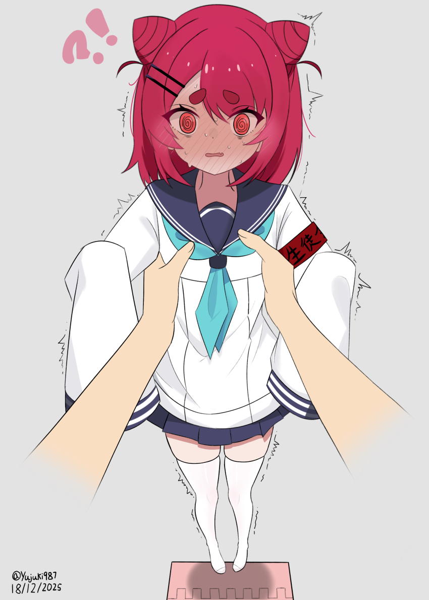 1boy 1girl ? @_@ artist_name blue_neckerchief blue_sailor_collar blue_skirt carrying confused dated disembodied_hand dot_nose embarrassed flat_chest full_body grey_background hair_horns hands_up loli looking_at_viewer matching_hair/eyes medium_hair motion_lines neckerchief nekoyamada_neko nervous nervous_sweating parted_lips pov pov_crotch red_eyes red_hair sailor_collar school_uniform shikanoko_nokonoko_koshitantan shirt simple_background skirt sleeves_past_fingers sleeves_past_wrists solo_focus sweat thick_eyebrows thighhighs trembling white_shirt white_thighhighs yujuki