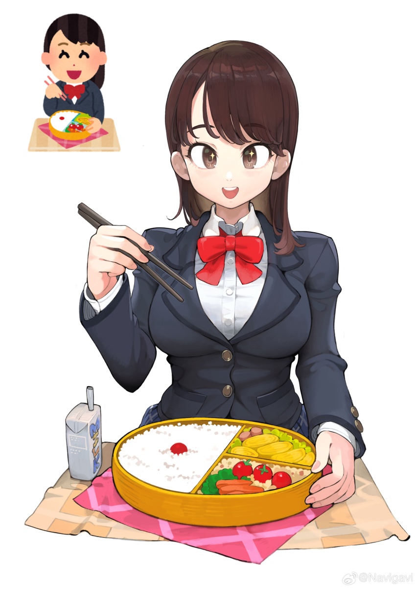 1girl absurdres bento black_jacket blazer bow bowtie breasts brown_hair cherry_tomato chopsticks collared_shirt dress_shirt drink_carton drinking_straw eating food hashtag-only_commentary highres holding holding_chopsticks irasutoya irasutoya_challenge jacket jun_(navigavi) large_breasts lettuce long_hair long_sleeves looking_at_viewer milk_carton omelet open_mouth red_bow red_bowtie reference_inset rice sausage school_uniform shirt simple_background smile sparkling_eyes swept_bangs tamagoyaki teeth tomato upper_teeth_only watermark weibo_watermark white_background white_shirt