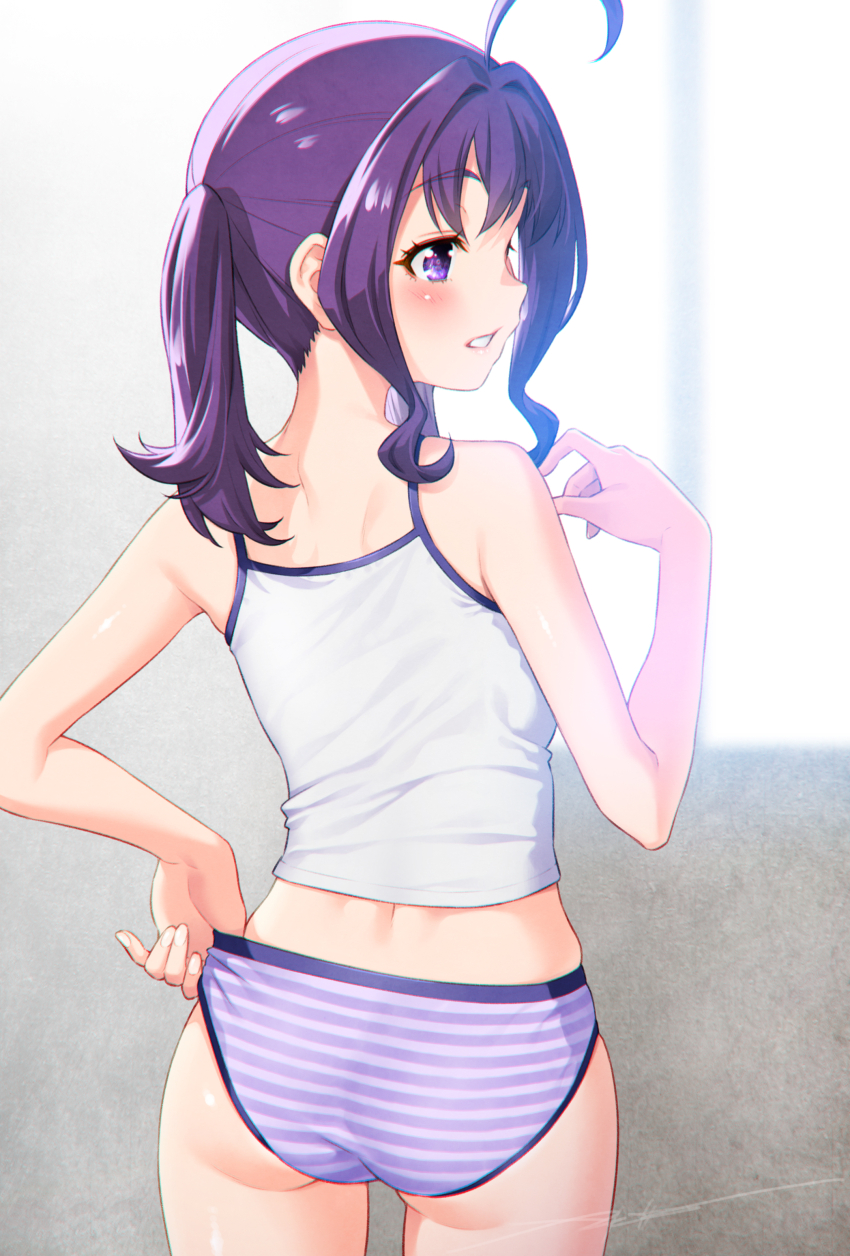 1girl absurdres ahoge ass blush camisole commentary_request from_behind highres kazuma_muramasa kimi_to_idol_precure medium_hair panties precure profile purple_eyes purple_hair shigure_kokoro solo striped_clothes striped_panties twintails underwear
