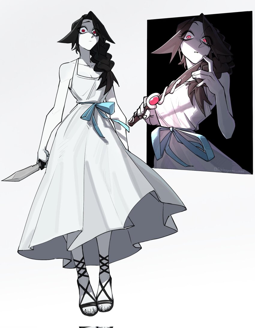 1girl artist_name bare_arms black_hair braid breasts cleavage closed_mouth collarbone colored_skin commission dress feet female_focus floating full_body highres holding holding_knife knife lace_trim long_hair low-braided_long_hair low-tied_long_hair original parted_bangs red_eyes sandals shisuyami_nee simple_background small_breasts solo toes white_background white_dress white_skin wide-eyed