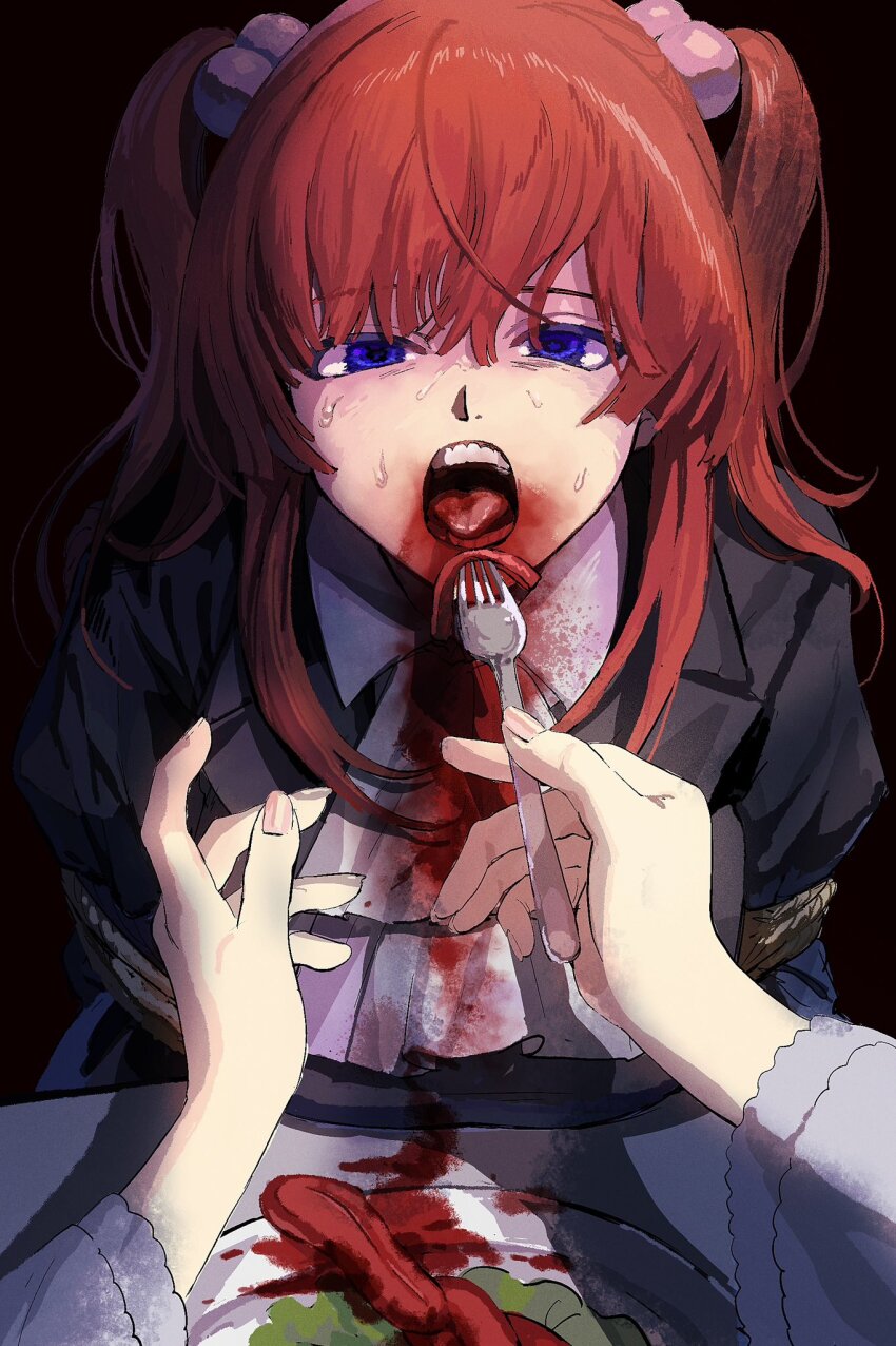 2girls blood blood_on_clothes blood_on_face blue_eyes bound cannibalism crying eating feeding force-feeding fork frederica_bernkastel frills guro hair_bobbles hair_ornament highres holding holding_fork jacket long_hair multiple_girls nasu_(nasuotabe) pov red_hair rope salad sweat tears teeth tied_up_(nonsexual) tongue twintails two_side_up umineko_no_naku_koro_ni ushiromiya_ange