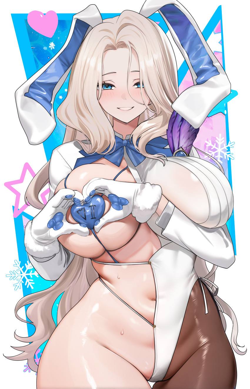 1girl absurdres animal_ears bad_source blue_eyes breasts brown_dust_(series) brown_dust_2 darian_silverstein fake_animal_ears gloves heart heart_hands highres long_hair looking_at_viewer nontraditional_playboy_bunny official_art pantyhose rabbit_ears smile snowflakes solo star_(symbol) white_hair