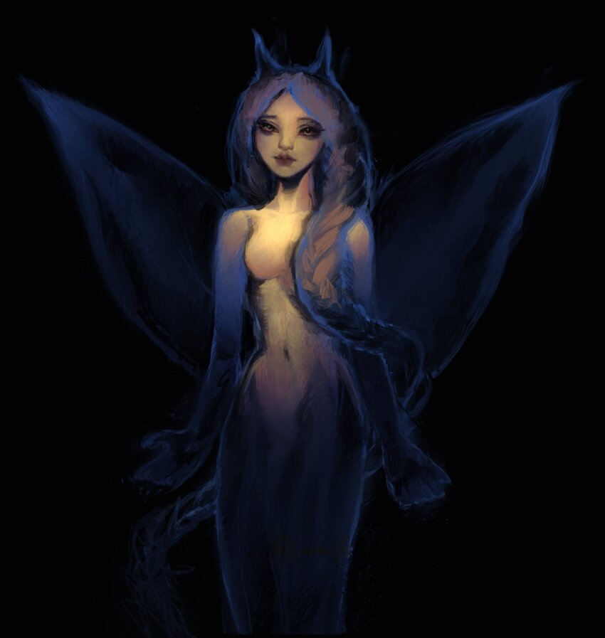 1girl absurdres aegyo_sal antennae black_background blue_outline braid butterfly_wings colored_extremities commentary english_commentary facing_viewer floating_hair hair_over_shoulder highres insect_wings looking_at_viewer mermaid monster_girl orange_eyes original outline red_lips simple_background smile solo twulfs wings