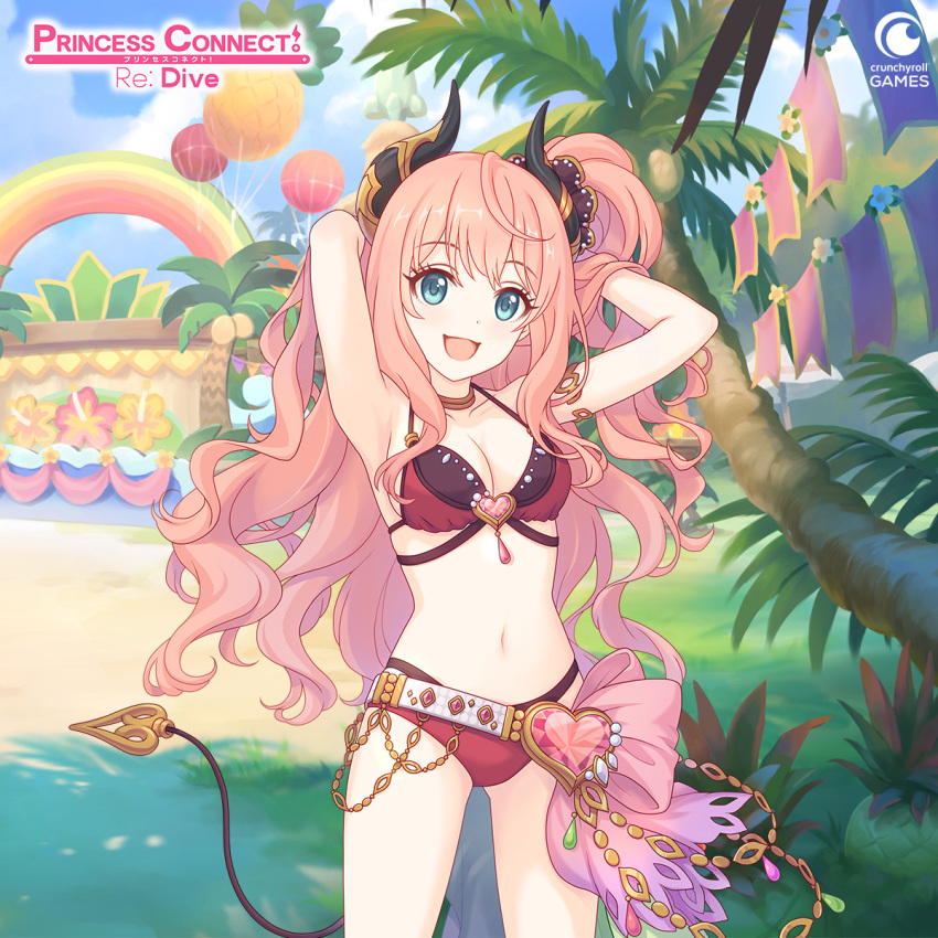1girl :d aqua_eyes armlet armpits arms_up bare_shoulders belt bikini blue_sky breasts cleavage collarbone commentary_request cowboy_shot crunchyroll hands_in_own_hair heart_belt_buckle highres horns jewelry light_blush long_hair looking_at_viewer medium_breasts navel official_art open_mouth outdoors pink_hair princess_connect! red_bikini sky smile solo standing stomach suzuna_(princess_connect!) suzuna_(summer)_(princess_connect!) swimsuit tail thighs tree very_long_hair white_belt