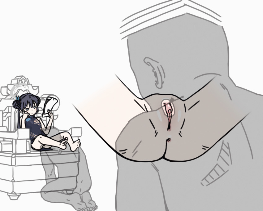 1boy 1girl animated animated_gif anus bare_arms barefoot black_dress black_hair blue_archive blush bug butterfly china_dress chinese_clothes clitoral_hood clitoral_stimulation clitoris closed_eyes closed_mouth cunnilingus double_bun dress drifter female_orgasm femdom hair_bun hetero holding holding_paper huge_filesize insect invisible_man kisaki_(blue_archive) loli long_hair oral orgasm paper pussy sitting sleeveless sleeveless_dress solo_focus spread_legs twintails uncensored white_background