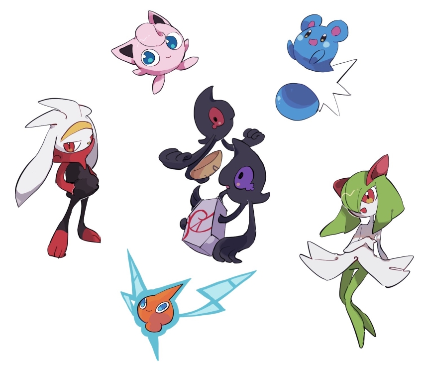 animal_ears azurill black_eyes blue_eyes blue_fur colored_skin electricity furry galarian_form galarian_yamask gen_1_pokemon gen_3_pokemon gen_4_pokemon gen_5_pokemon gen_8_pokemon ghost green_hair green_skin hair_over_one_eye highres horns jigglypuff kirlia multicolored_skin nintendo pink_eyes pink_skin pokemon pokemon_(creature) purple_eyes rabbit_ears raboot red_eyes rotom sidelocks simple_background smile two-tone_skin white_background white_fur white_skin xxxo_oxxx yamask