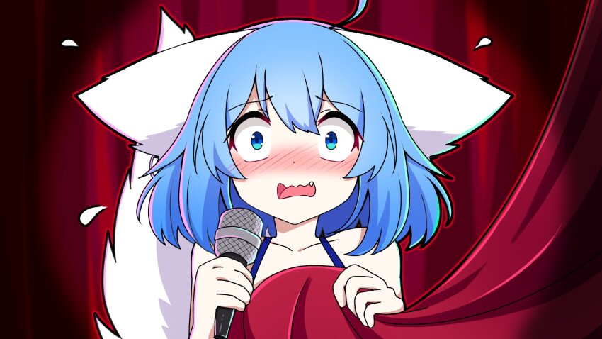 1girl ahoge animal_ears blue_hair blush collarbone covering_breasts covering_privates curtain_grab curtains dot_nose facing_viewer flying_sweatdrops highres holding holding_microphone indie_virtual_youtuber microphone nervous nose_blush spaghetti_strap stage tail virtual_youtuber wolf_girl wolf_tail wolfychu wolfychu_(artist)