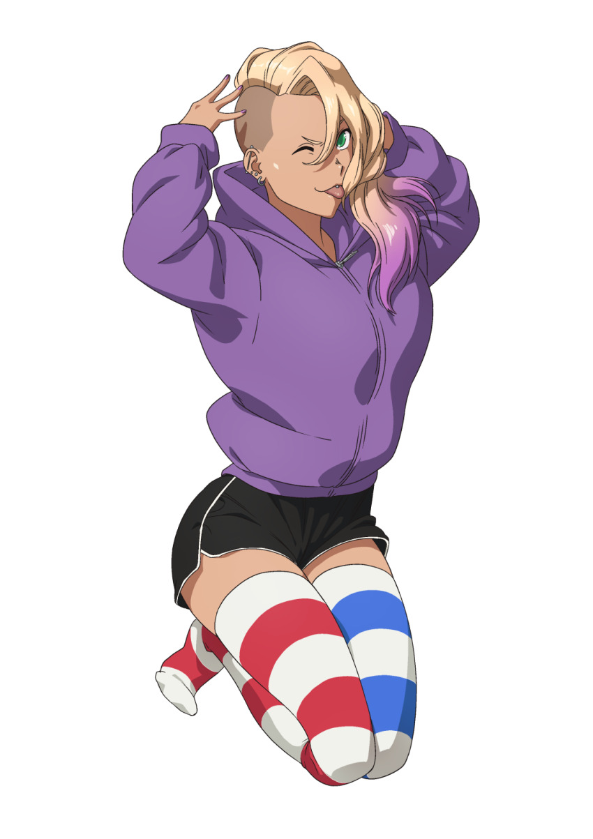 1girl antonio_malara asymmetrical_hair black_shorts blonde_hair colored_tips commentary dark-skinned_female dark_skin ear_piercing earrings english_commentary fingernails full_body green_eyes highres hood hood_down hooded_jacket jacket jewelry kneeling long_hair long_sleeves mismatched_thighhighs multicolored_hair nail_polish no_shoes one_eye_closed original piercing purple_hair purple_jacket purple_nails shorts sidecut simple_background smile solo striped_clothes striped_thighhighs thighhighs tongue tongue_out tongue_piercing two-tone_thighhighs undercut white_background