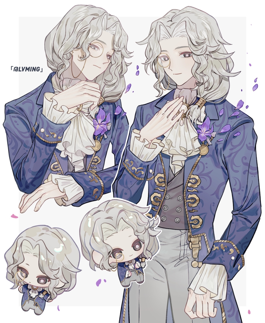 1boy alva_lorenz alva_lorenz_(orientation_day) ascot black_eyes blue_coat border boutonniere bright_pupils brooch brown_vest chibi chibi_inset chinese_commentary closed_mouth coat commentary_request cowboy_shot cropped_torso curtained_hair expressionless flower frilled_sleeves frills gem grey_background grey_hair grey_pants hair_over_shoulder hair_tubes hand_on_own_chest hand_to_own_mouth highres identity_v iris_(flower) jewelry lapels long_hair long_sleeves looking_at_viewer low-tied_long_hair lvchuanxun male_focus monocle multiple_views notched_lapels official_alternate_costume open_clothes open_coat outside_border pants parted_bangs patterned_clothing petals purple_flower purple_petals shirt sideways_glance simple_background single_hair_tube sleeve_cuffs smile standing vest white_ascot white_background white_border white_gem white_pupils white_shirt
