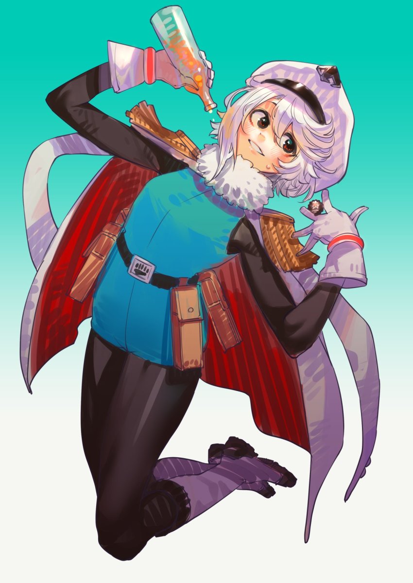 1girl belt black_belt black_pantyhose boots bottle bukimi_isan commentary_request cosplay full_body gloves gradient_background green_background grey_hair grin hands_up highres jacket knee_boots long_sleeves looking_at_viewer medium_hair pantyhose pouch red_jacket short_hair shy_(character) shy_(series) simple_background smile solo spirits_(shy) spirits_(shy)_(cosplay) teeth two-sided_fabric white_headwear white_jacket