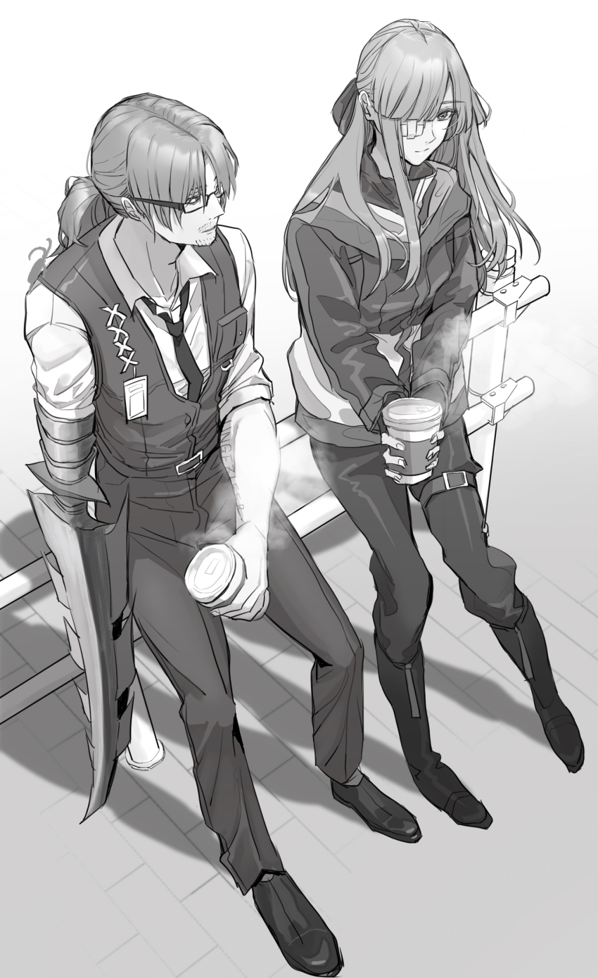 1boy 1girl absurdres arthropod_limbs belt boots bow breast_pocket breasts buckle closed_eyes closed_mouth closed_umbrella coffee collarbone collared_shirt cup disposable_cup eyepatch facial_hair fingernails formal_clothes from_above from_side full_body gauze gauze_over_eye glasses gregor_(project_moon) greyscale hair_between_eyes hair_bow hair_ribbon half-closed_eyes highres holding holding_cup id_card jacket limbus_company long_hair long_sleeves looking_at_another looking_down looking_to_the_side low_ponytail male_focus medical_eyepatch monochrome mug name_tag necktie one_eye_covered pants pants_tucked_in parted_bangs pocket ponytail pouch project_moon ribbon semi-rimless_eyewear shadow shirt sidelocks simple_background sitting sleeves_rolled_up steam steaming_cup straight_hair stubble suit thigh_strap tile_floor tiles turtleneck turtleneck_shirt uibou00000 umbrella under-rim_eyewear vest white_background work_boots yuri_(project_moon) zipper
