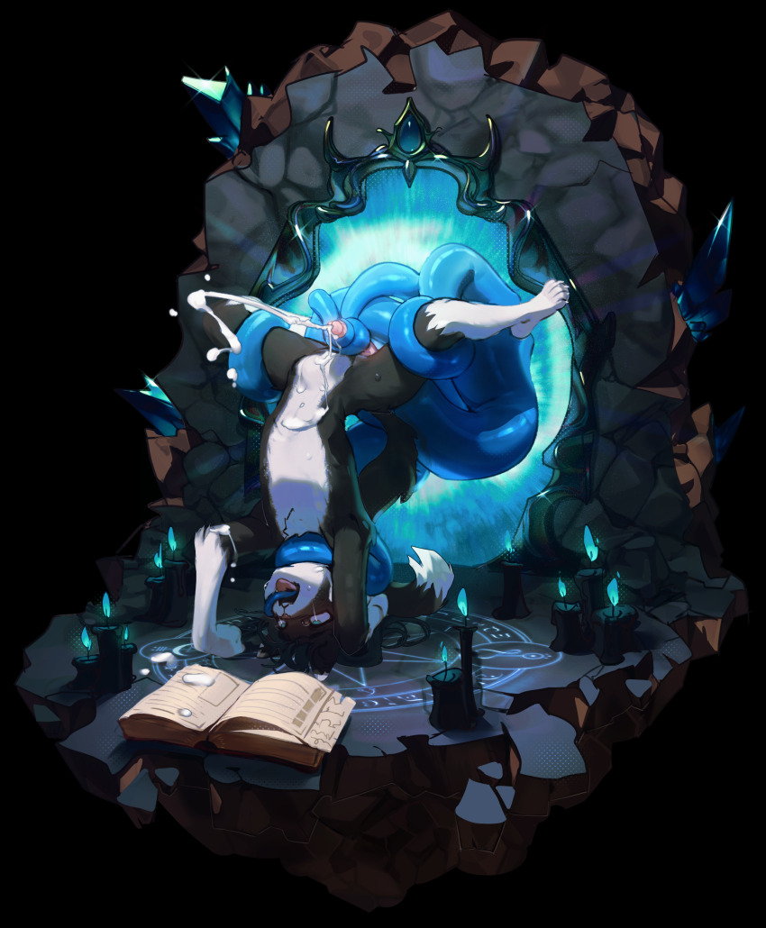 1boy absurdres animal_ears ass black_hair book candle cat_boy cat_ears cat_tail commentary cum ejaculation english_commentary furry furry_male highres magic open_book open_mouth original penis pita-potato portal_(object) short_hair solo sweat tail tearing_up tentacle_sex tentacles tongue tongue_out upside-down ych_commission