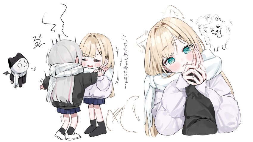 2girls absurdres alternate_costume animal_ears asumi_sena black_jacket black_shoes black_socks blonde_hair blush commentary dog dog_ears dog_tail enpera green_eyes grey_hair hair_intakes hair_ornament hairpin hanada_ten head_tilt highres holding_hands jacket kurumi_noah long_hair multiple_girls parted_bangs pleated_skirt scarf school_uniform shirt shoes simple_background sketch skirt sleeves_past_wrists socks sweatdrop tail tail_wagging virtual_youtuber vspo! white_background white_shirt