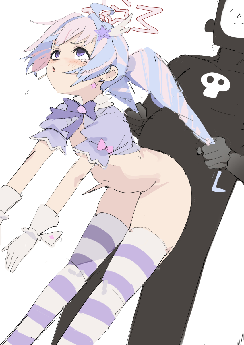 1boy 1girl absurdres blue_archive bow clothed_female_nude_male crying crying_with_eyes_open dangling_arms defeat doodle_sensei_(blue_archive) drill_hair fucked_silly functionally_nude gloves grabbing_another's_hair halo hanging_legs hetero highres holding_another's_hair implied_sex loli magical_girl multicolored_hair mutsuru_(omotta_yori) nude open_mouth purple_bow purple_hair reisa_(blue_archive) reisa_(magical)_(blue_archive) rough_sex sensei_(blue_archive) sex sex_from_behind star_halo striped_clothes striped_thighhighs tears thighhighs twin_drills