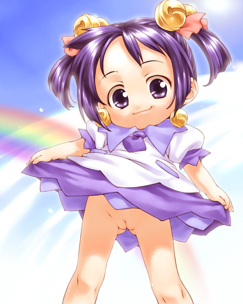 1girl :3 bell blush censored chibi closed_mouth clothes_lift cloud dress dress_lift gluteal_fold hair_bell hair_ornament hair_ribbon heart highres jingle_bell loli looking_at_viewer marine_(tako_no_marine) myuracchi_(ayashii_hon'ya) necktie no_panties pink_ribbon puffy_sleeves purple_eyes purple_hair purple_necktie pussy rainbow ribbon short_hair short_sleeves sky smile solo standing tako_no_marine twintails white_dress