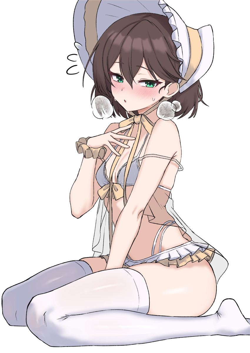 1girl absurdres aqua_eyes bare_shoulders between_legs bikini blush bonnet breasts brown_hair check_copyright commentary_request commission copyright_request frilled_bikini frills hair_between_eyes hand_between_legs highleg highleg_bikini highres no_shoes oldsickkim original scrunchie see-through_clothes short_hair simple_background small_breasts solo string_bikini sweatdrop swimsuit thighhighs white_background white_bikini white_thighhighs wrist_scrunchie