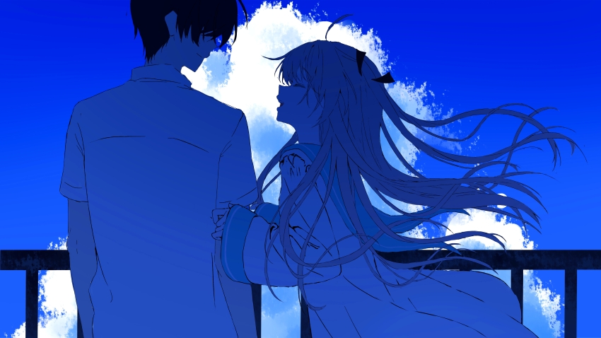 1boy 1girl :d ^_^ absurdres ahoge atri atri-my_dear_moments- black_bow black_hair blue_sky blue_theme bow brown_hair closed_eyes closed_mouth cloud collared_shirt commentary cumulonimbus_cloud dark day dress facing_another floating_hair from_behind from_side hair_over_eyes happy highres holding_another's_arm ikaruga_natsuki long_hair long_sleeves monochrome open_mouth outdoors profile railing sailor_collar shirt short_sleeves sky smile standing teeth two_side_up upper_teeth_only very_long_hair white_dress white_shirt wide_sleeves wind wind_lift ze_ping45283