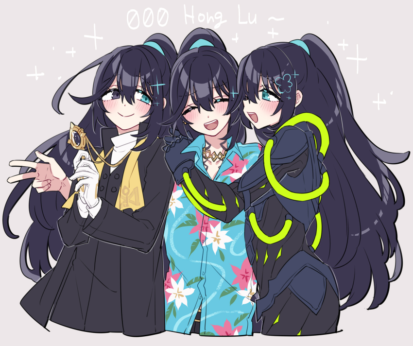 3boys aqua_eyes armor black_armor black_coat black_hair blue_shirt blush coat commentary cowboy_shot dieci_association_south_uniform floral_print gloves half_updo hands_up hawaiian_shirt highres hong_lu_(project_moon) jewelry k_corp._(identity)_(project_moon) limbus_company long_hair multiple_boys multiple_persona necklace open_mouth project_moon shiki_(shikki46) shirt smile sparkle stole tingtang_gang_(identity)_(project_moon) very_long_hair white_gloves