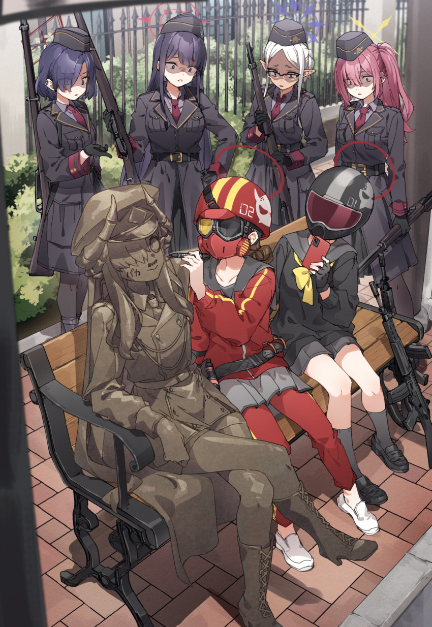 6+girls assault_rifle bench black-framed_eyewear black_gloves black_hat black_jacket black_shirt black_shoes black_skirt blue_archive blue_hair bolt_action carcano cellphone collared_shirt comiket_107 day eyes_visible_through_hair fence fingerless_gloves garrison_cap glasses gloves grey_hair grey_sailor_collar grey_shirt grey_skirt grey_socks gun hair_over_one_eye halo hat helm helmet helmet_gang_officer_(blue_archive) helmet_gangster_(blue_archive) highres holding holding_gun holding_phone holding_weapon howa_type_89 jacket loafers makoto_(blue_archive) motorcycle_helmet multiple_girls necktie on_bench one_side_up outdoors over-rim_eyewear pandemonium_society_member_(blue_archive) pants pants_under_skirt park_bench parted_bangs phone pleated_skirt pointy_ears purple_hair red_hair red_jacket red_necktie red_pants rifle sailor_collar semi-rimless_eyewear shaded_face shirt shoes sitting skirt socks statue weapon white_shoes yukie_(kusaka_shi)