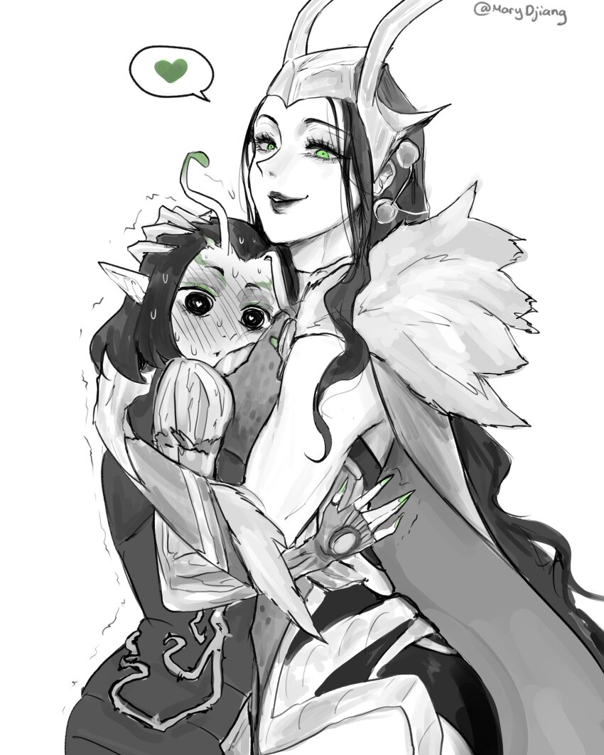 absurdres alien animification antennae avengers_(series) black_hair closed_mouth green_eyes guardians_of_the_galaxy highres holding horns hug lady_loki loki_(marvel) long_hair long_sleeves mantis_(marvel) marvel marvel_rivals marydjiang medium_hair open_mouth short_hair simple_background smile yuri