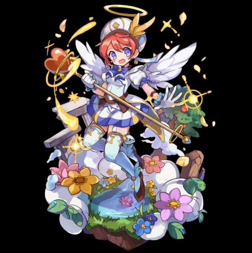 1girl angel angel_wings belt black_background blue_bow blue_bowtie blush_stickers bow bowtie breasts brown_belt brown_hair brown_shoes cloud dress eila_(merc_storia) feathered_wings flats flower flying full_body garter_straps gloves hair_between_eyes halo hat highres holding holding_staff large_breasts leaf merc_storia merc_storia_art_team official_art open_hand open_mouth outstretched_arm pink_flower puffy_short_sleeves puffy_sleeves purple_eyes purple_flower shoes short_dress short_hair short_sleeves sidelocks simple_background solo spread_fingers staff tachi-e thighhighs thighs tree water white_dress white_gloves white_hat white_thighhighs white_wings wings yellow_flower