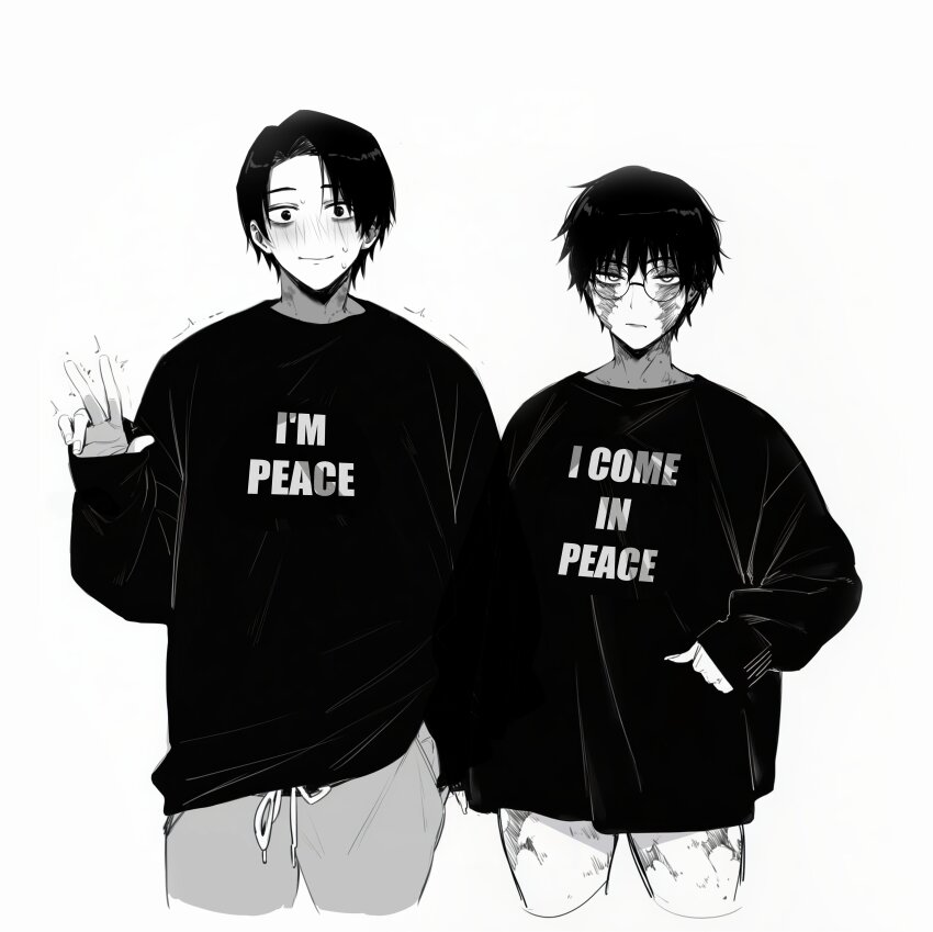 1boy 1girl absurdres assertive_female bite_mark bite_mark_on_neck commentary cropped_legs english_commentary glasses greyscale hickey highres implied_after_sex jujutsu_kaisen looking_at_viewer masoq matching_outfits monochrome multiple_scars no_pants okkotsu_yuuta scar scar_on_face scars_all_over simple_background smile too_many trembling v zen'in_maki