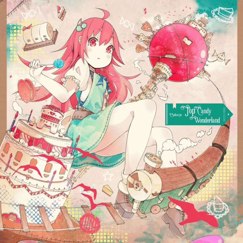 1girl 2016 album_cover blush breasts cake candy commentary_request copyright_request cover dress food highres lollipop long_hair looking_at_viewer official_art pink_eyes pink_hair platform_shoes shoes sin:ck small_breasts solo train