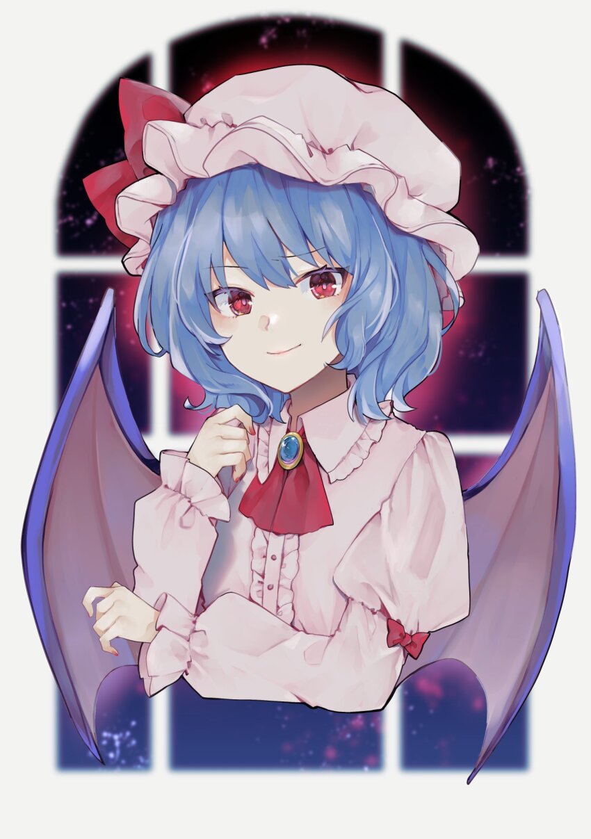 1girl ascot bat_wings blue_hair brooch center_frills closed_mouth collared_shirt commentary_request cropped_torso frilled_shirt_collar frills hand_up hat highres jewelry juliet_sleeves long_sleeves looking_at_viewer minatsuki_yurara mob_cap pink_hat pink_shirt puffy_sleeves red_ascot red_eyes remilia_scarlet shirt short_hair smile solo touhou window wings