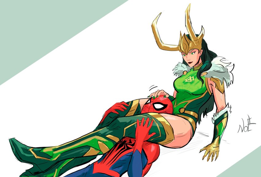 1boy 1girl absurdres black_hair blue_bodysuit bodysuit boots breasts commentary english_commentary fake_horns gloves green_boots green_eyes green_nails hand_on_another's_head head_between_thighs highres horned_headwear horns lady_loki long_hair marvel marvel_rivals medium_breasts nostalgielf red_bodysuit signature single_glove spider-man thigh_boots valknut_(symbol)