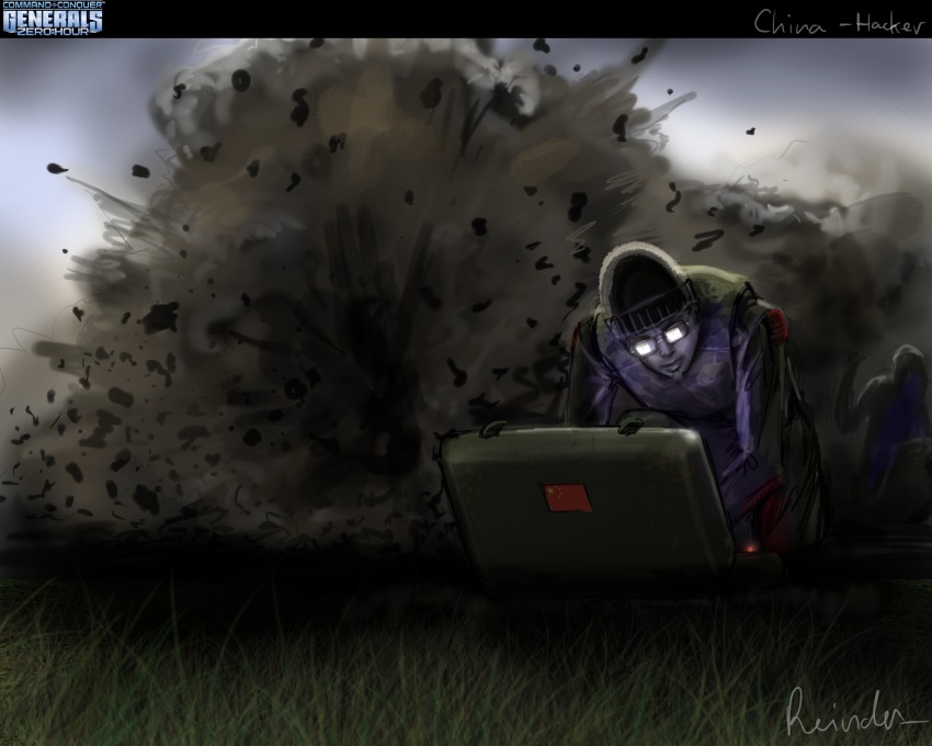 2boys command_&amp;_conquer command_&amp;_conquer:_generals commentary computer english_commentary epic explosion glasses grass hacker highres laptop multiple_boys outdoors people&#039;s_republic_of_china_flag reinder88 seiza sitting