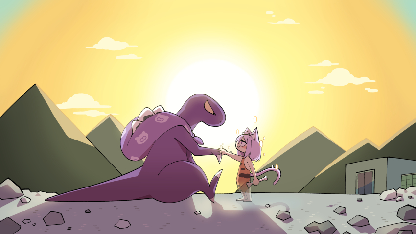 1girl absurdres alternate_costume animal_ears bone cat_ears cat_girl cat_tail cavewoman cocomayo29_(tomato) commentary crayon_shin-chan dinosaur food from_side highres holding holding_bone holding_hands hololive looking_at_another nekomata_okayu onigiri outdoors purple_hair rubble ruins scene_reference sitting sky solo standing sunrise symbol-only_commentary tail transparent virtual_youtuber yellow_sky