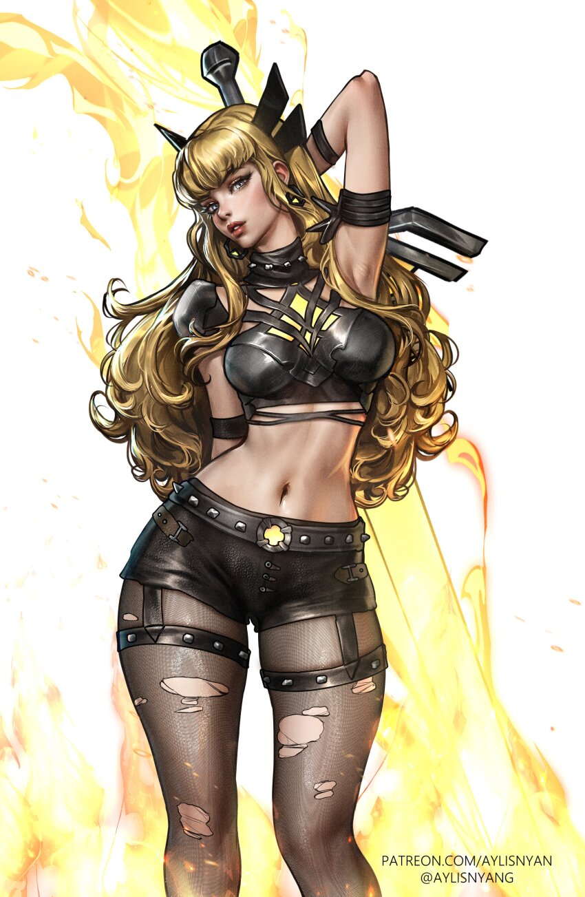 1girl absurdres armor aylisnyan black_gloves blonde_hair blue_eyes breasts cleavage clothing_cutout commentary crop_top english_commentary gloves highres holding holding_sword holding_weapon long_hair looking_at_viewer magik_(x-men) marvel marvel_rivals midriff navel short_shorts shorts solo spikes sword weapon x-men