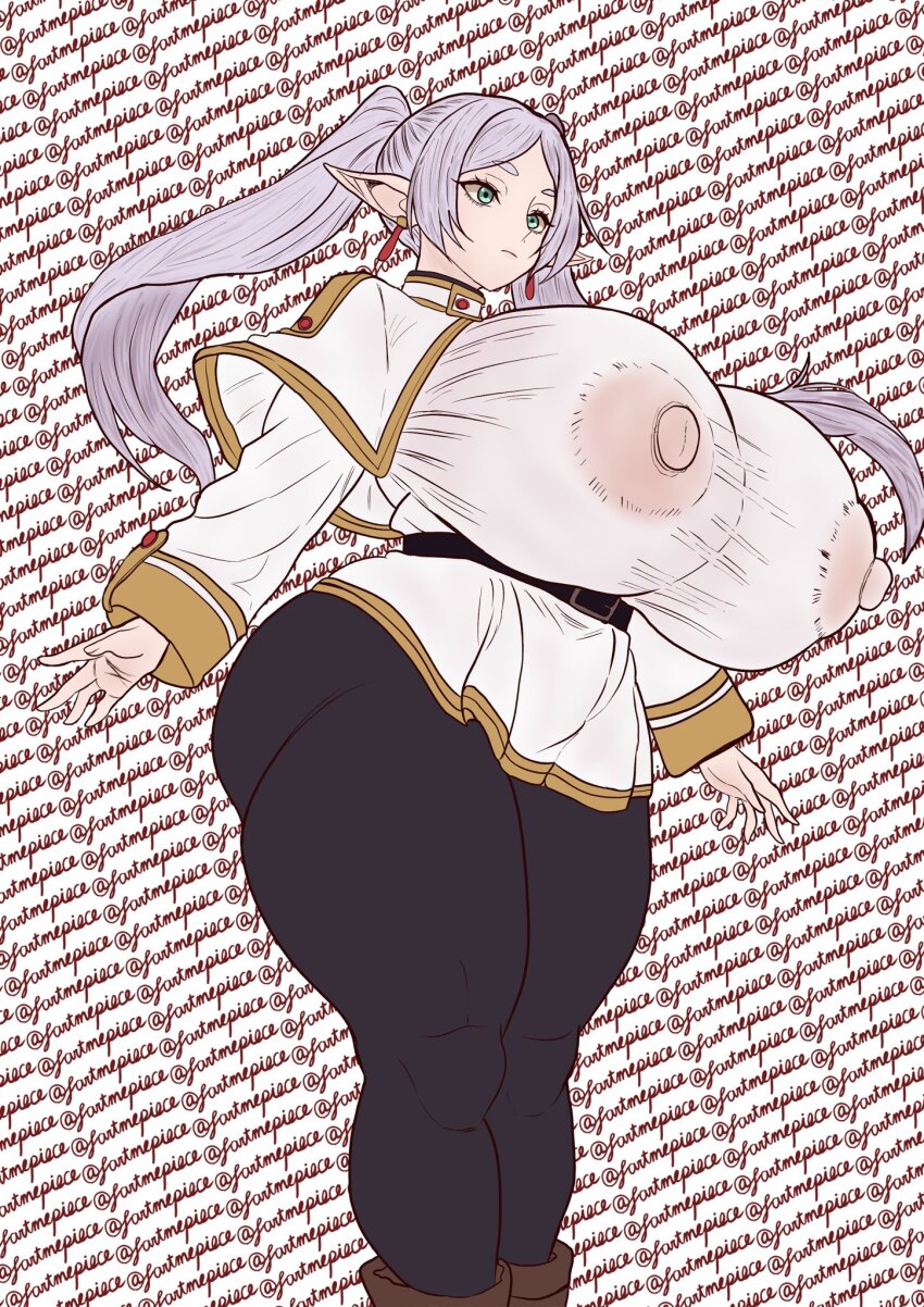 1girl alternate_breast_size_(larger) belt black_pantyhose breasts covered_erect_nipples curvy earrings elf frieren gigantic_breasts green_eyes grey_hair huge_breasts jewelry long_hair long_twintails no_bra pantyhose pointy_ears sartmepiece see-through_clothes see-through_shirt shirt solo sousou_no_frieren text_background thick_thighs thighs twintails twitter_username white_shirt