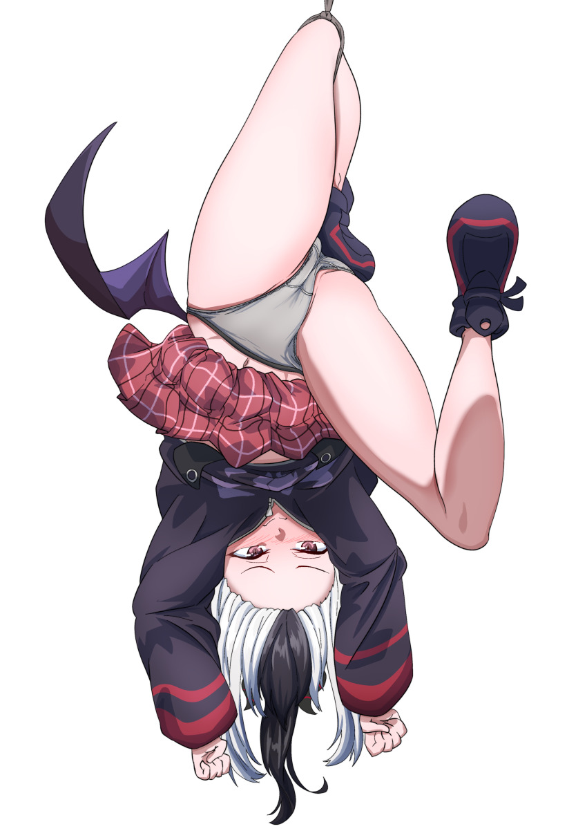 1girl absurdres ass black_hair black_hoodie black_horns blue_archive blush commentary_request demon_horns demon_wings grey_halo grey_panties halo highres hood hoodie horns kayoko_(blue_archive) kirisame0729 long_hair long_sleeves looking_at_viewer multicolored_hair nose_blush panties red_eyes single_wing solo sports_panties two-tone_hair underwear upside-down white_hair wings