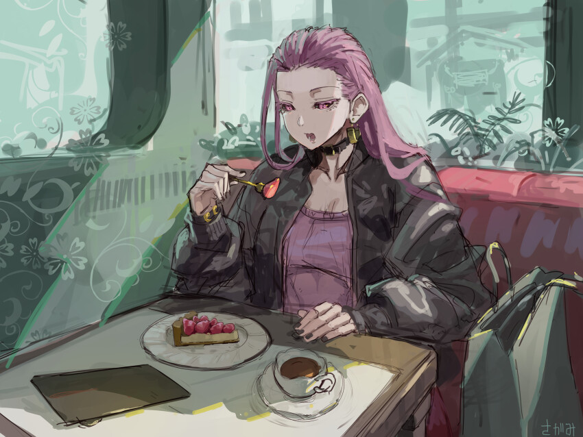 1girl absurdres black_jacket black_nails black_sclera booth_seating cake collar colored_sclera commentary_request cup earrings eating food fork highres holding holding_fork jacket jewelry jujutsu_kaisen kakapyramid leotard open_mouth pink_leotard plate restaurant sitting solo strawberry_shortcake table teacup uro_takako window