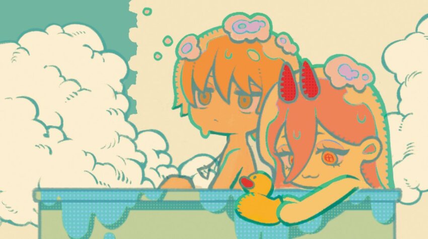 1boy 1girl :3 bathtub blonde_hair brown_eyes chainsaw_man closed_mouth commentary cross-shaped_pupils demon_girl demon_horns hair_between_eyes horns pink_hair power_(chainsaw_man) red_horns rubber_duck shared_bathing soap_bubbles symbol-only_commentary symbol-shaped_pupils tuzaixia yellow_eyes