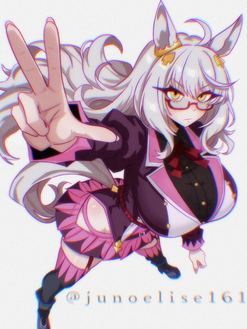 1girl absurdres ahoge animal_ears biwa_hayahide_(pf._winning_equation...)_(umamusume) biwa_hayahide_(umamusume) black_thighhighs blush boots breasts closed_mouth commentary ear_ornament garter_straps glasses grey_hair hair_ornament highres horse_ears horse_girl horse_tail jacket junoelise161 large_breasts long_hair long_sleeves looking_at_viewer purple_jacket purple_skirt red-framed_eyewear semi-rimless_eyewear shirt skirt solo tail thighhighs umamusume under-rim_eyewear w white_hair yellow_eyes