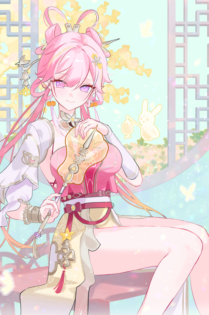 1girl absurdres architecture breasts chinese_clothes closed_mouth commentary dress earrings east_asian_architecture elysia_(hi_love_elf)_(honkai_impact) elysia_(honkai_impact) elysia_(moonlit_grace)_(honkai_impact) feet_out_of_frame fingernails hair_ornament hair_rings hand_fan highres holding holding_fan honkai_(series) honkai_impact_3rd jewelry large_breasts long_hair looking_at_viewer official_alternate_costume pink_hair pointy_ears purple_eyes sitting smile solo ssamsa0404 tuanshan