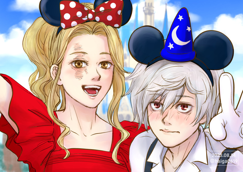 1boy 1girl absurdres animal_ear_hairband animal_ears blonde_hair blush bow brown_eyes closed_mouth cloud collared_shirt commentary_request contemporary cosplay dated disney disneyland dress fake_animal_ears gabimaru gloves haiga0619 hair_between_eyes hairband hat highres jigokuraku mickey_mouse mickey_mouse_(cosplay) mickey_mouse_ears mini_hat minnie_mouse minnie_mouse_(cosplay) minnie_mouse_ears open_mouth polka_dot polka_dot_bow red_dress red_eyes scar scar_across_eye scar_on_face selfie shirt smile suspenders v white_gloves white_hair yui_(jigokuraku)