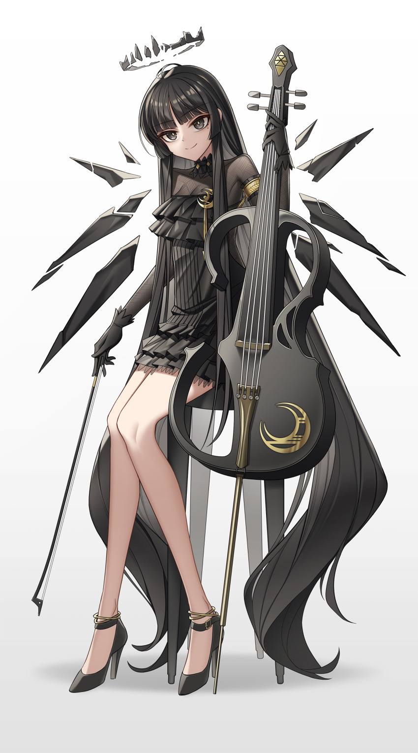1girl absurdres arknights black_dress black_gloves black_hair black_shoes bow_(music) breasts cello closed_mouth commentary_request dress full_body gloves gradient_background grey_background grey_eyes halo high_heels highres holding holding_instrument instrument long_hair long_sleeves medium_breasts shadow shoes sitting smile solo stool very_long_hair virtuosa_(arknights) white_background yeong_r6