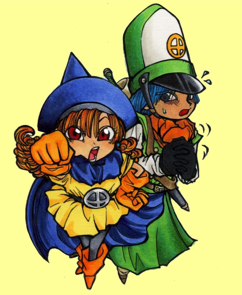 1boy 1girl alena_(dq4) arm_up belt black_belt black_pantyhose blue_cape blue_hair blue_hat blush boots bwmkafui cape clift commentary_request conical_hat curly_hair dragon_quest dragon_quest_iv dress flying_sweatdrops frown full_body furrowed_brow gloves green_hat hand_on_own_hip hat highres interlocked_fingers long_hair looking_at_viewer mitre open_mouth orange_boots orange_gloves orange_scarf own_hands_together pantyhose praying red_eyes scarf short_hair sweatdrop teeth yellow_dress